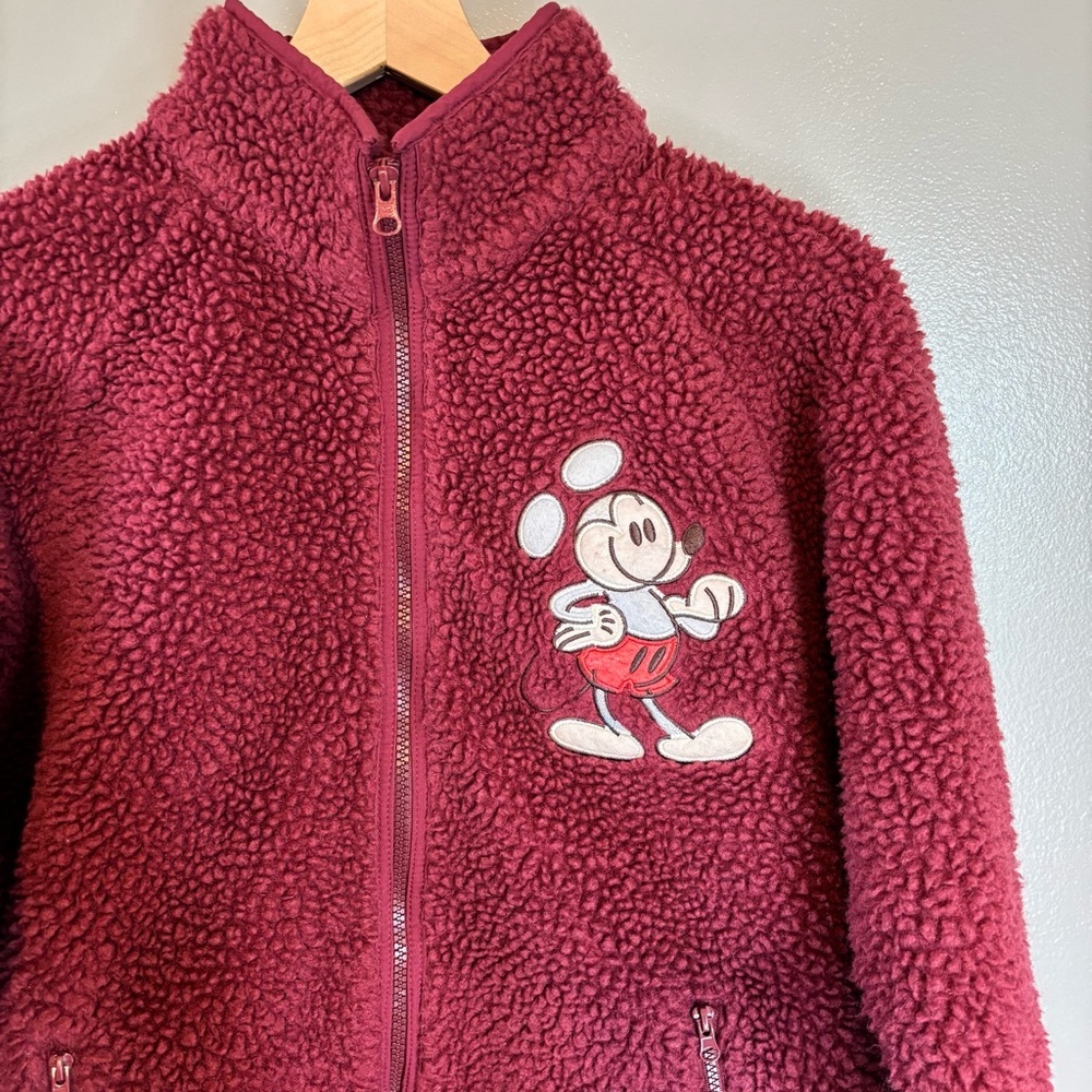 Disney Parks Mickey Mouse XS Full Zip Sherpa Jacket Maroon Burgundy Red - Picture 2 of 6